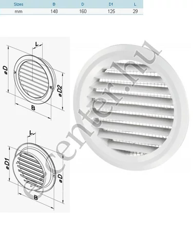 Műanyag kerek szellőzőrács szúnyoghálóval 125mm